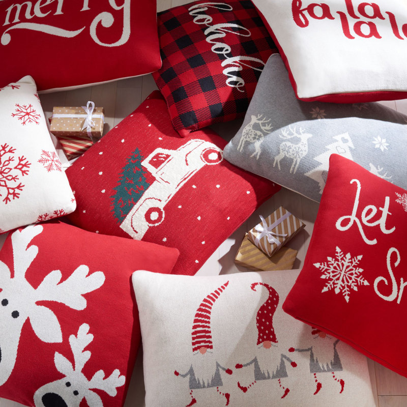 Grey Cotton Christmas Pillow with Reindeer and Snowflakes