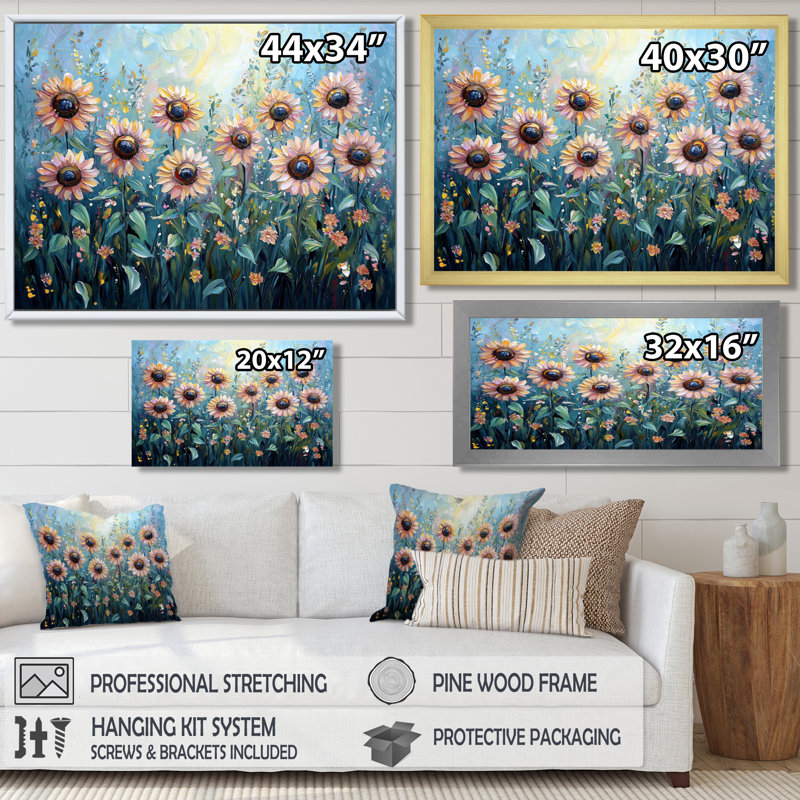 Dotha Spring Symphony of Blue Sunflowers I - Art mural de tournesols pour le salon, H 30 po x l 40 po, Ne pas appliquer