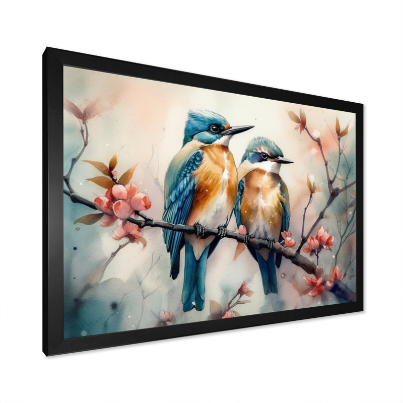 Oiseaux bleus assis sur une branche d'arbre IV - reproduction, Cadre photo noir, H 24 po x l 32 po x P 1 po