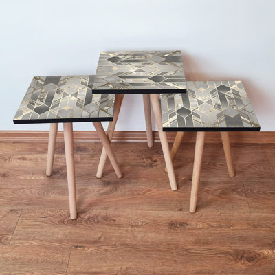Modern Nesting Table Set (3 Pieces), Grey  Gold, 13.8 x 20.5 x 13.8 inches | 100% MDF with Beech Wood Legs, Thickness: 0.7 inches | Stylish Geometric