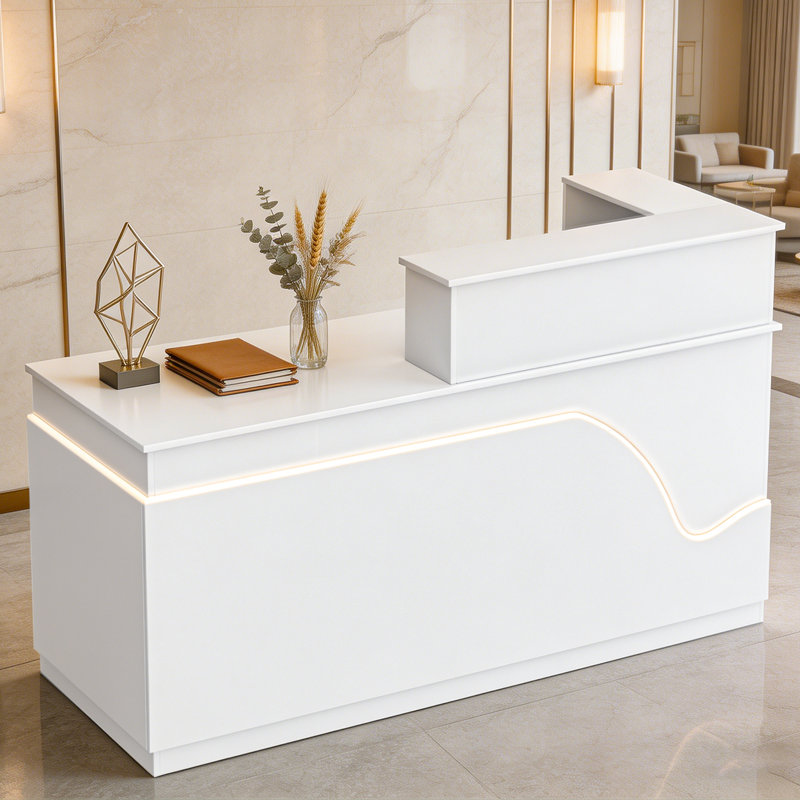 Bureau de réception en L avec tiroirs verrouillables et tablettes de rangement, bureau d'ordinateur multifonctionnel pour le bureau