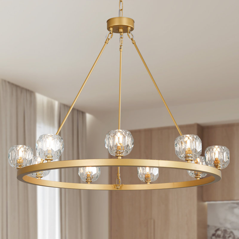 9-Light Wagon Wheel Chandelier, Farmhouse Wagon Wheel Chandeliers For Dining Room, Round Chandelier For Living Room, Foyer, Entryway