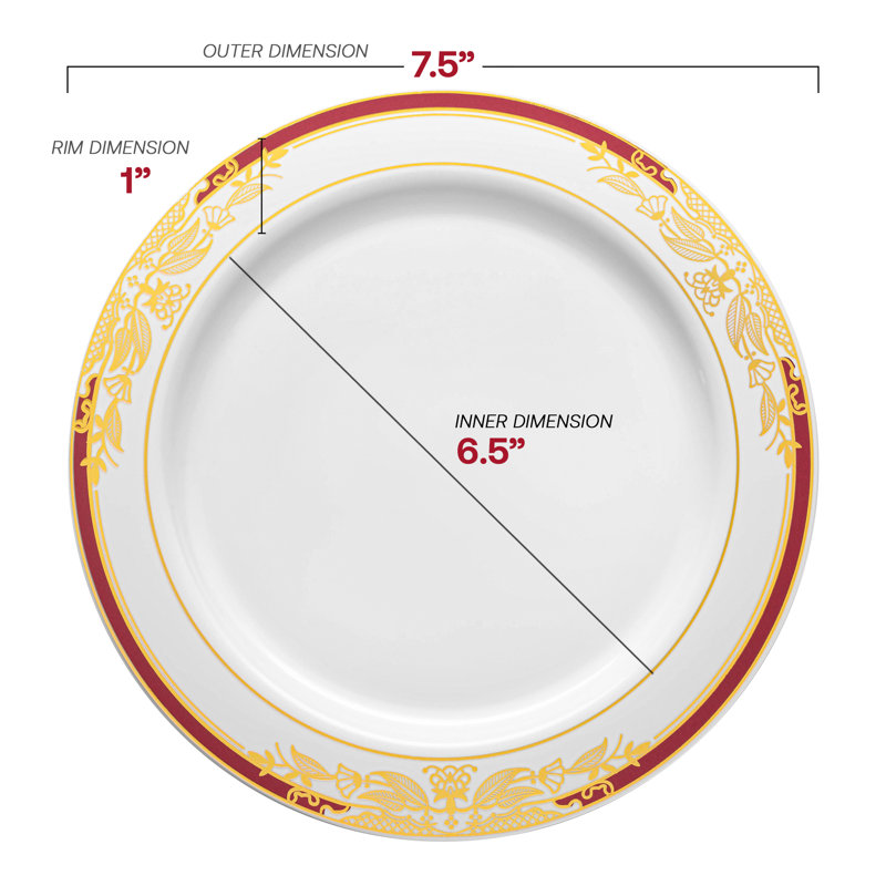 Blanc avec assiettes / assiettes à salade en plastique bourgogne et or Harmony (7,5 po)