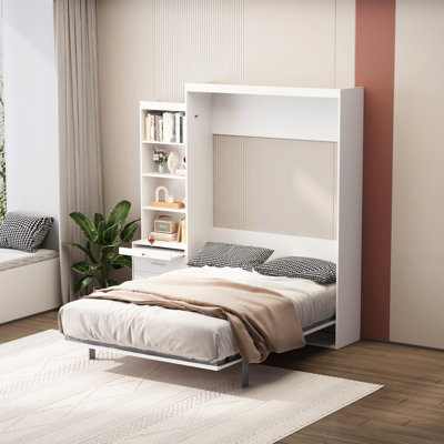 Morden Deisgn Full Size Vertical Murphy Bed With Shelf And Drawers For Bedroom Or Guestroom White Wall Bed Space Saving Hidden Bed With New Style Gas Struts