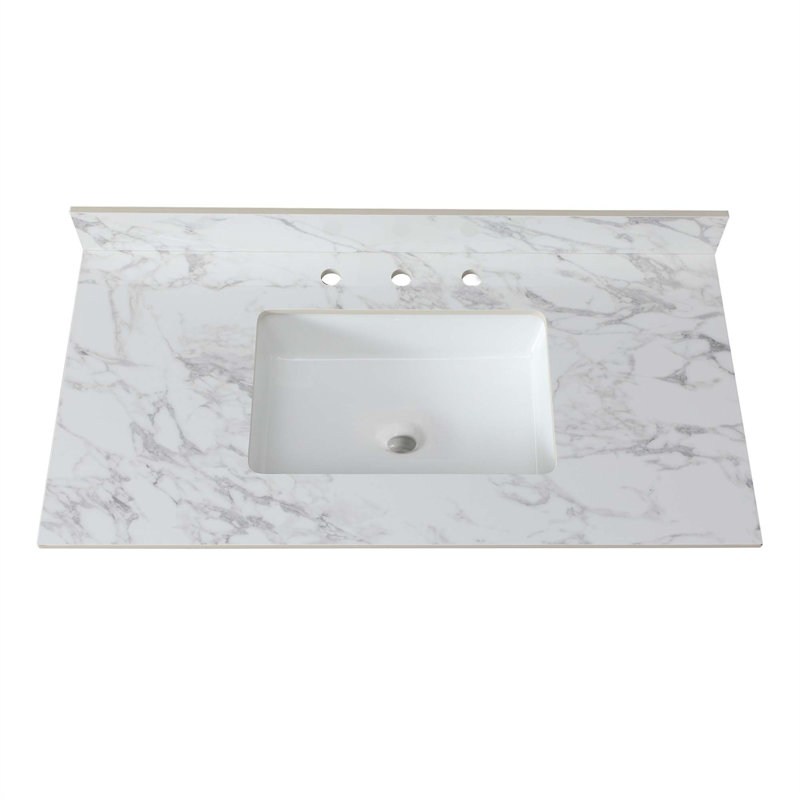 Dessus de meuble-lavabo de salle de bain, dessus de meuble-lavabo en pierre frittée Carra Barthroom avec lavabo rectangulaire encastré en céramique avec dosseret de meuble-lavabo, comptoir de meuble-lavabo à trois trous
