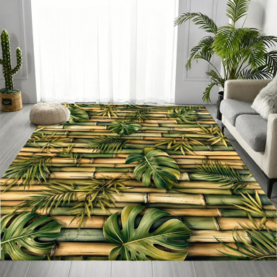Tapis à motif de feuilles de bambou tropical, motif de verdure luxuriante, tapis d'intérieur lavable antidérapant, tapis décoratif pour salon, chambre à coucher, cuisine, balcon, appartement