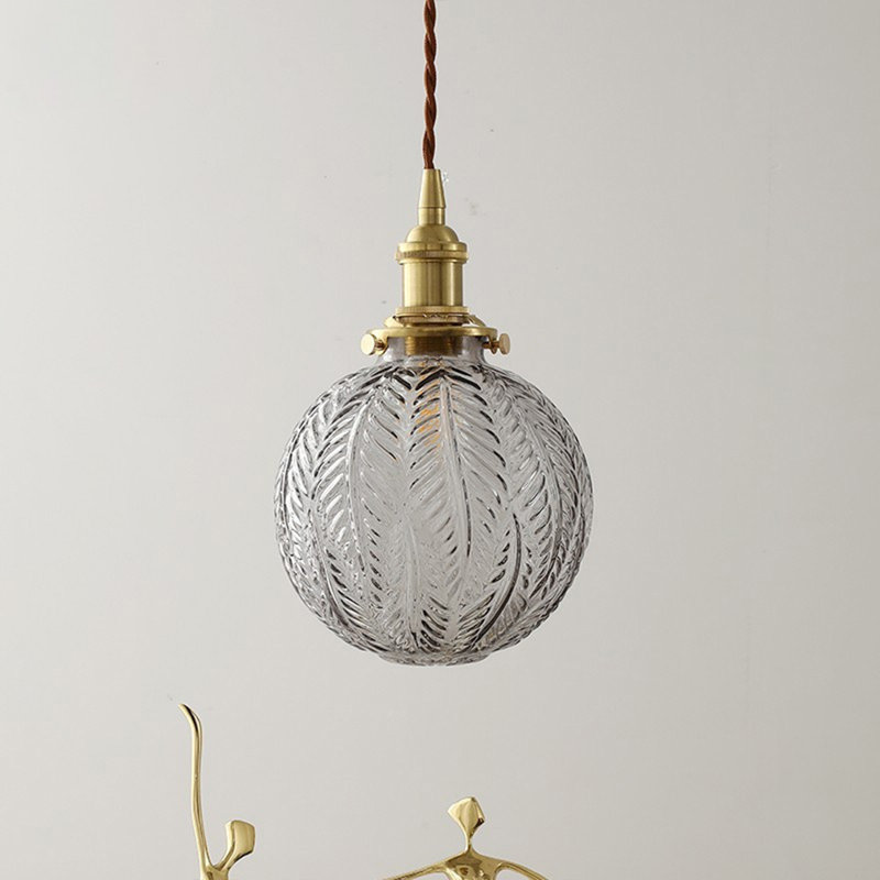 Modern Globe Ribber Glass Brass Pendant Light In Leaf Pattern, Gray