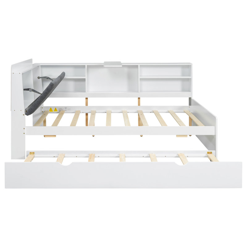 Lit plateforme en bois avec lit gigogne, Blanc, Lit double