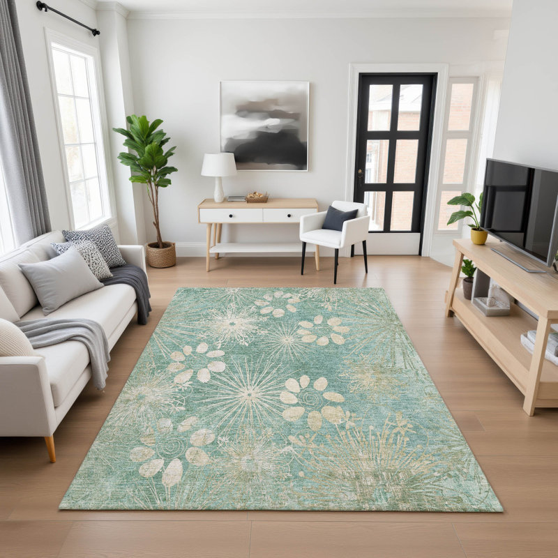 Premium Machine Washable Mayfield AMF2225 Floral Rug, Teal, 10' x 14'
