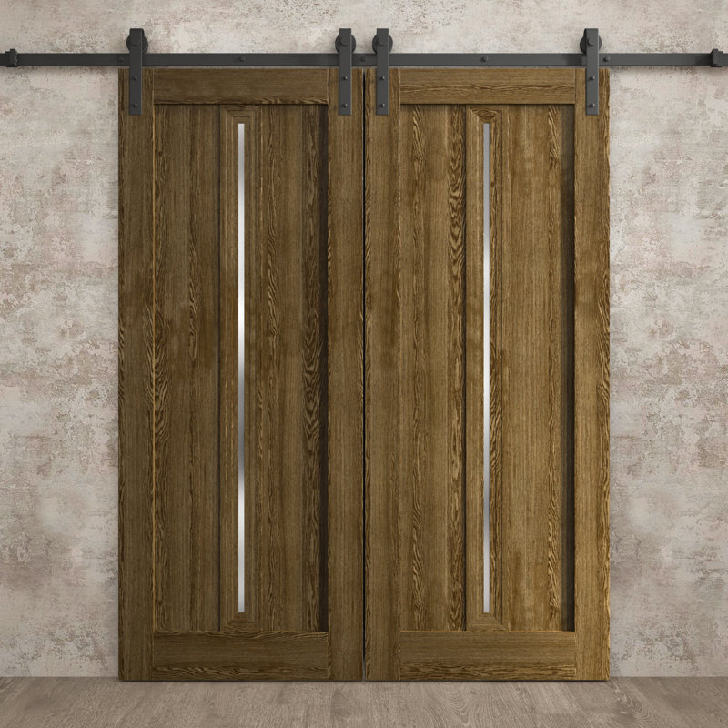 Porte de grange double moderne | Ego 5014 | Ensemble de rails | Portes intérieures solides, Chêne cognac, 64 po x 84 po