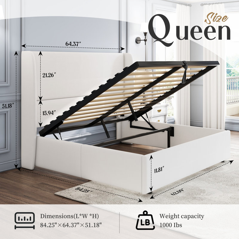 Upholstered Lift-Up Storage Bed with Wingback Headboard, Queen, White
