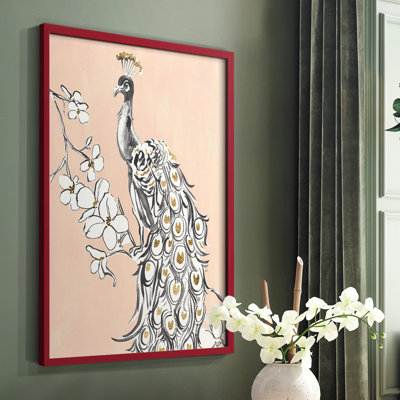 «Peacock in Gold II», reproduction encadrée - bois massif
