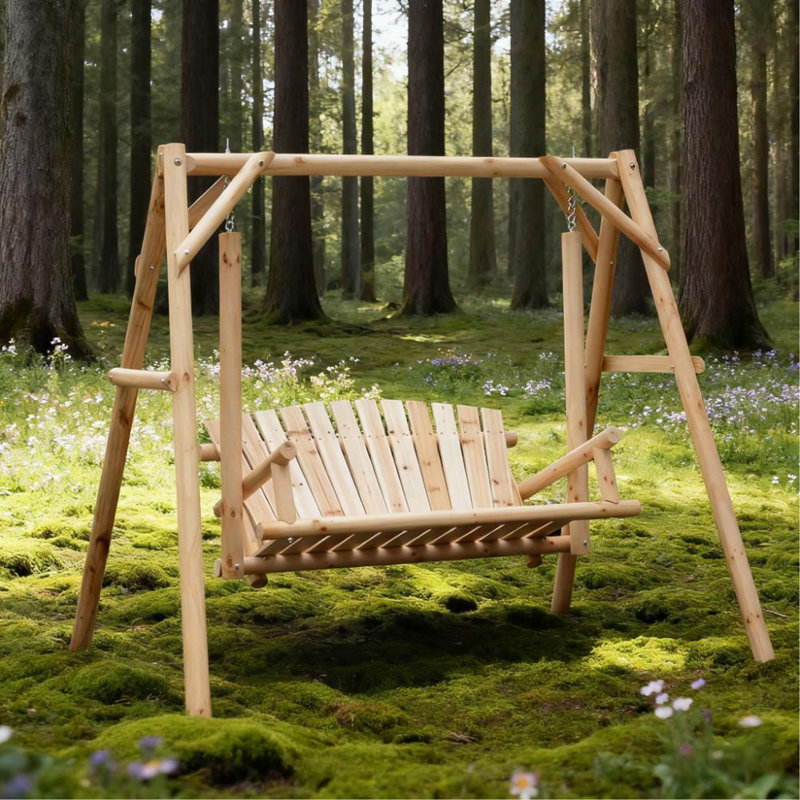 Banc de balançoire en bois 2 places, conception ergonomique, structure en «A», stable et antidérapant, balançoire de jardin en bois massif