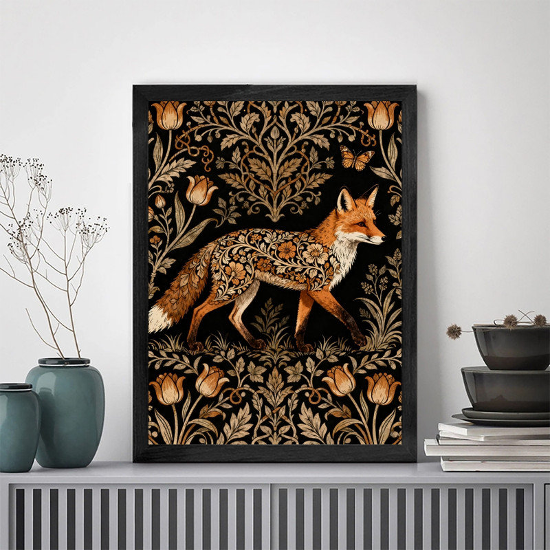 Reproduction d'art encadrée noire avec renard floral, cadre botanique classique, H 11 po x l 9 po
