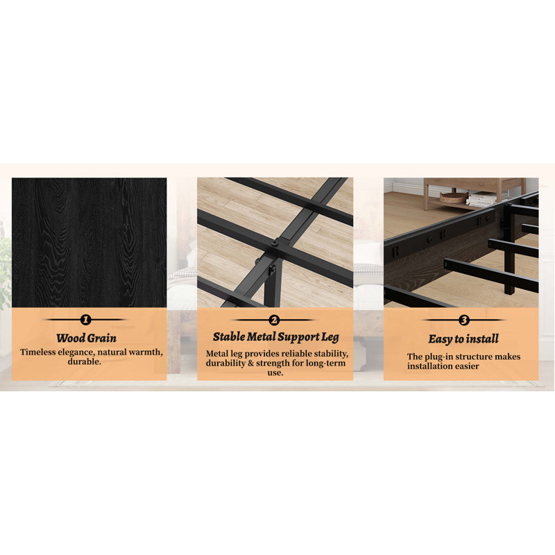Tête de lit, base de lit plateforme en bois, Noir, Double
