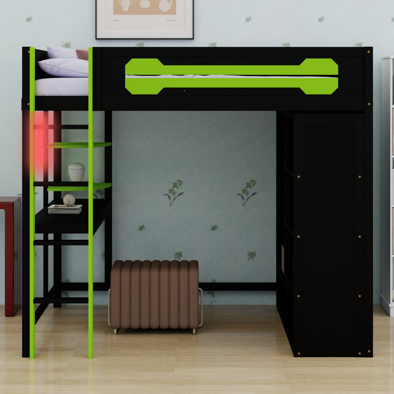 Modern Loft Bed with Integrated Desk and Open Wardrobe Storage, Green