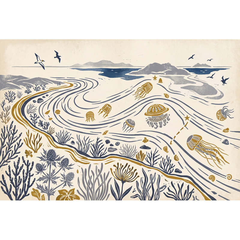 Papier peint bord de mer paysage marin amovible Illustration nautique, 140 po x 108 po, Peler et coller