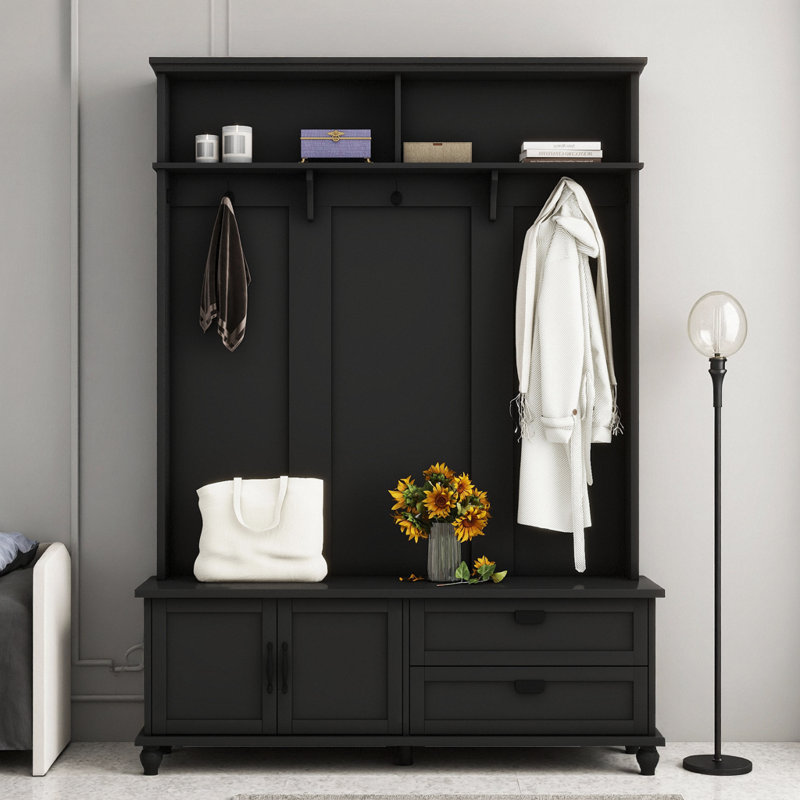 Arbre d'entrée moderne avec 1 armoire et 2 tiroirs surdimensionnés, 5 crochets à manteau et large banc à chaussures en noir élégant