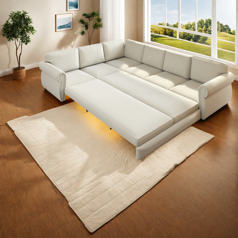 Canapé-lit modulaire en L, chenille, blanc beige, salon, Beige