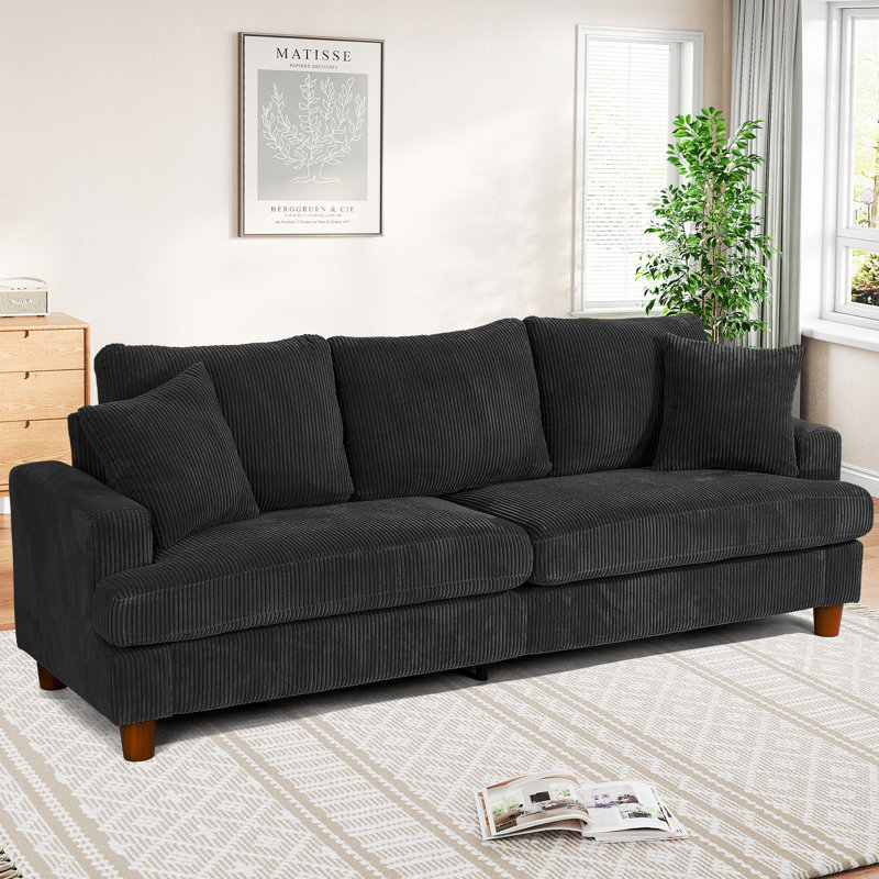 87"Solid Wood Leg Corduroy 3-Person Sofa with 2 Pillows, Black