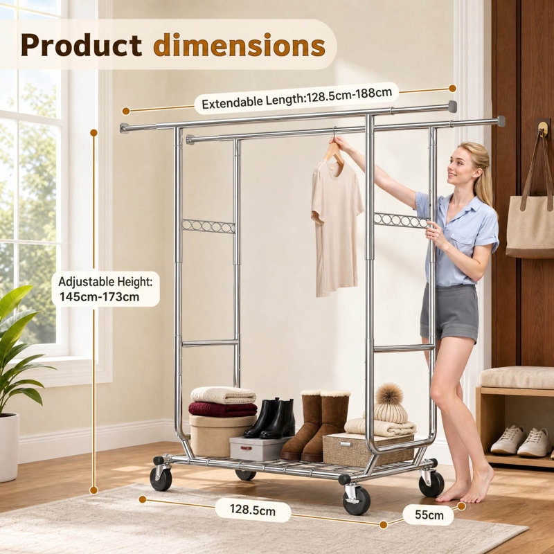 Extendable Double Clothes Rail with Hanging Rings and Castors