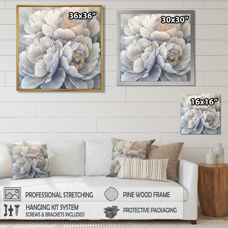 Fleurs givrées monochromes de pivoines II - pivoines, reproduction d'art sur toile, H 30 po x l 30 po, Argent argent