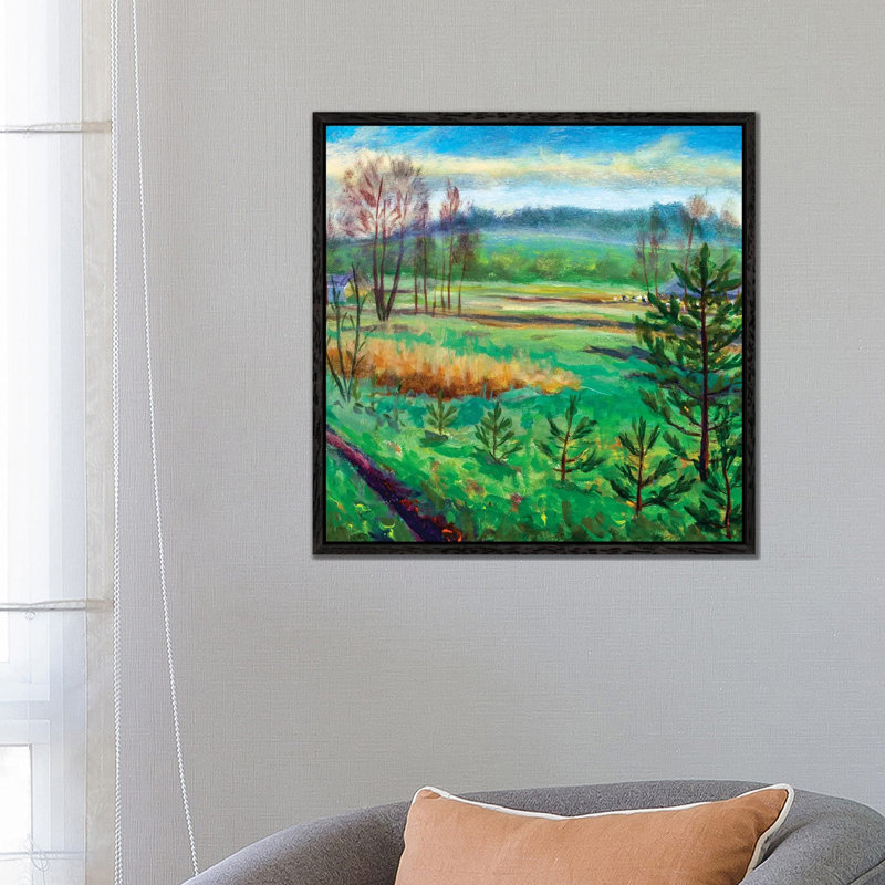 Green Meadows Fields Foggy Forest Hill 1 Piece Painting on Canvas, 93.98 cm H x 93.98 cm W, Black Framed Canvas