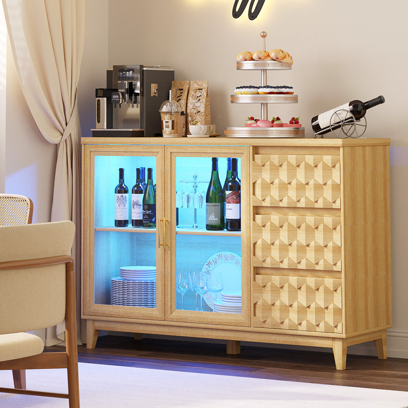 47.2"W 3-drawers Sideboard With Glass Door & 3-color LED Light, Yellow