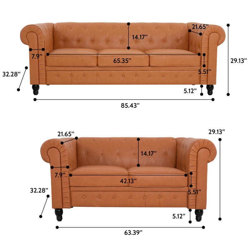 Ensemble de salon Arlisa, ensemble de canapé capitonné à boutons en cuir avec causeuse et canapé, Similicuir caramel
