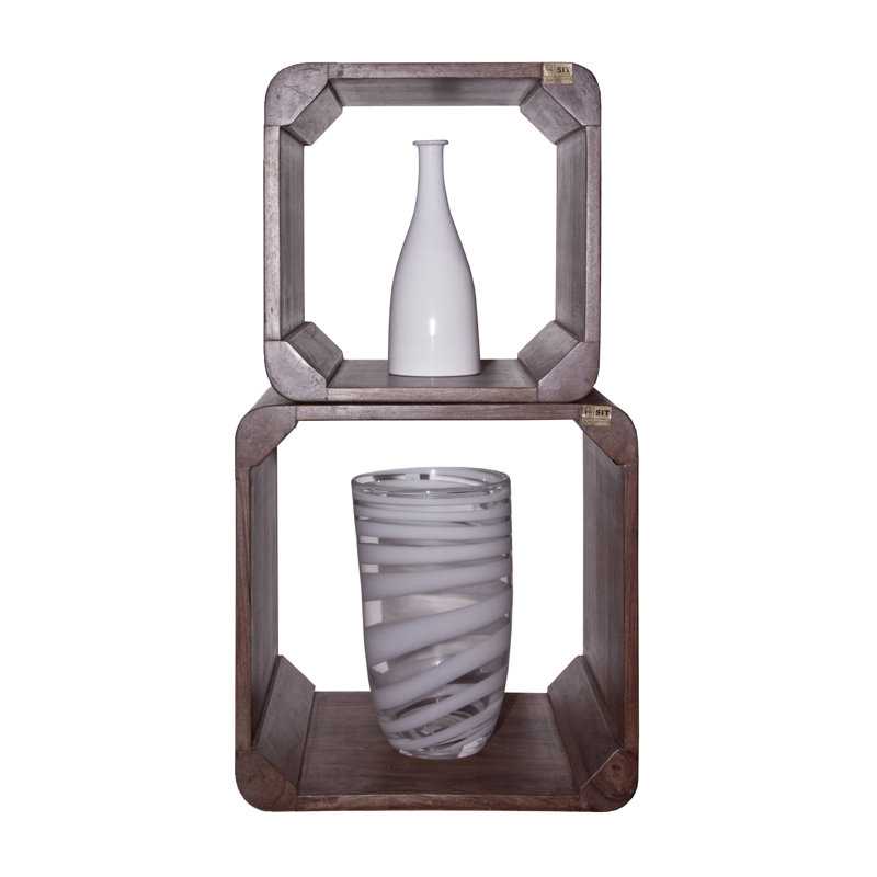 Paul 2 Piece Sheesham Solid Wood Cube Shelf, Light brown