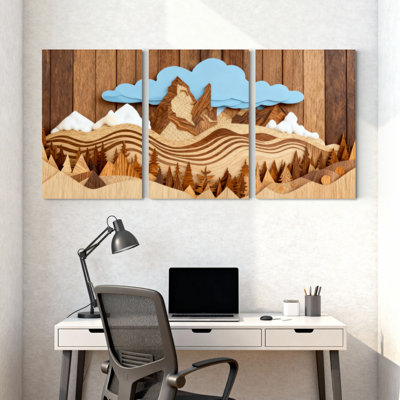 Paysage et nature, paysage de montagne en bois avec nuages et arbres, ensemble de 3 impressions sur toile