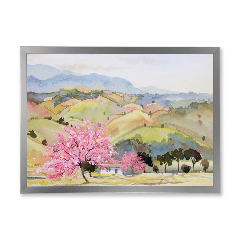«Pink Mountain Tree in Autumn Landscape», peinture sur toile, L 20 po x H 12 po, Cadre photo argenté