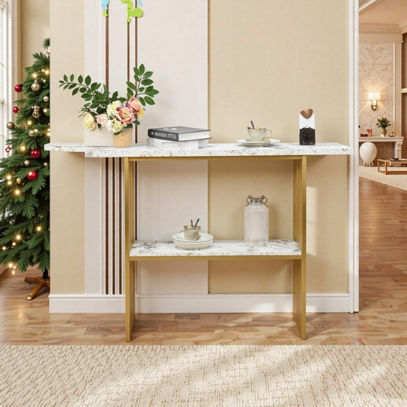 Double-Tier Faux Marble Console Table With Metal Frame And Storage Shelves