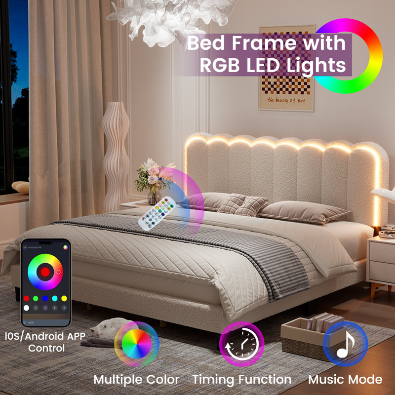 KING-Boucle Upholstered Solid Wood Bed Frame Soft Rounded Corners Headboard Low Profile Bed Frame with RGB LED Lights（No Mattress Included）