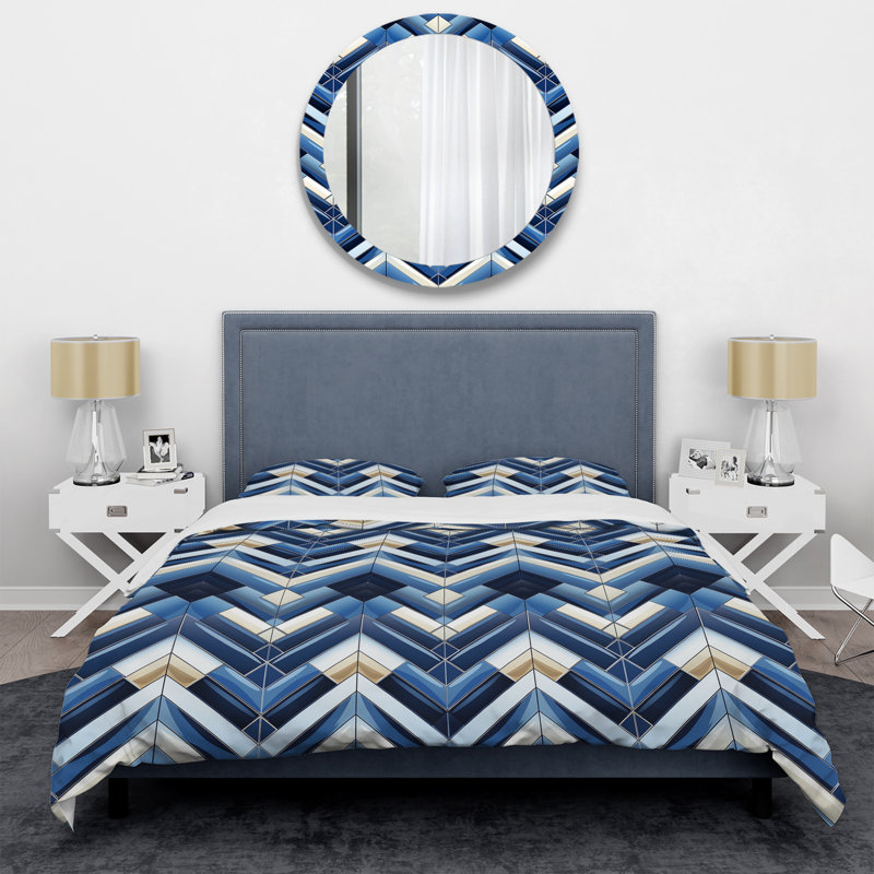 Ensemble de housse de couette à motif géométrique - Chevron bleu cobalt rétro III
