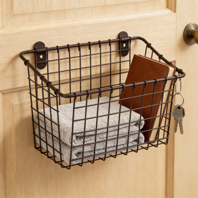 Vintage Wall Mount Storage Basket With Slanted Front Design For Easy Access, Rustic Wire Grid Organizer For Kitchen Pantry Bathroom Office And Home Decor