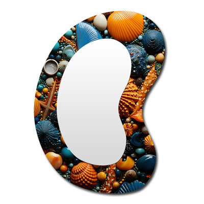 Filzer Yellow and blue Seashell Symphony II - Coastal Tropical Irregular Shape Unique Wall Mirror, Yellow Asymmetrical Mirror, Printed Metal Art