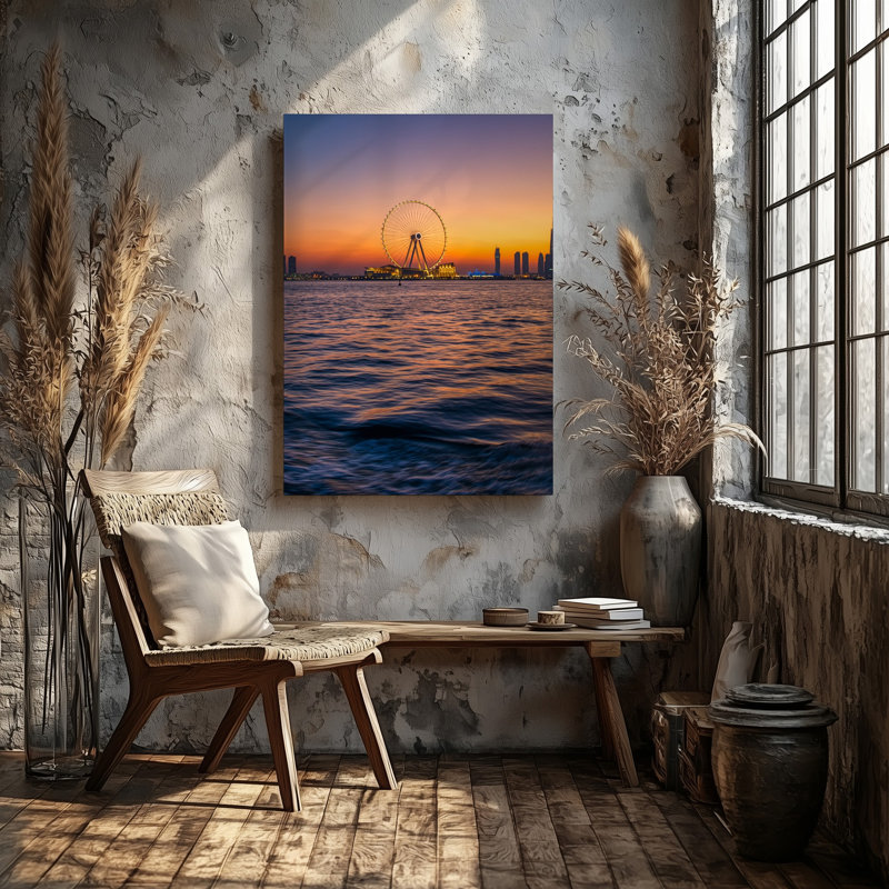 Toile, superbe vue du coucher de soleil sur la côte de S, avec art mural, grande roue illuminée contre une toile vibrante