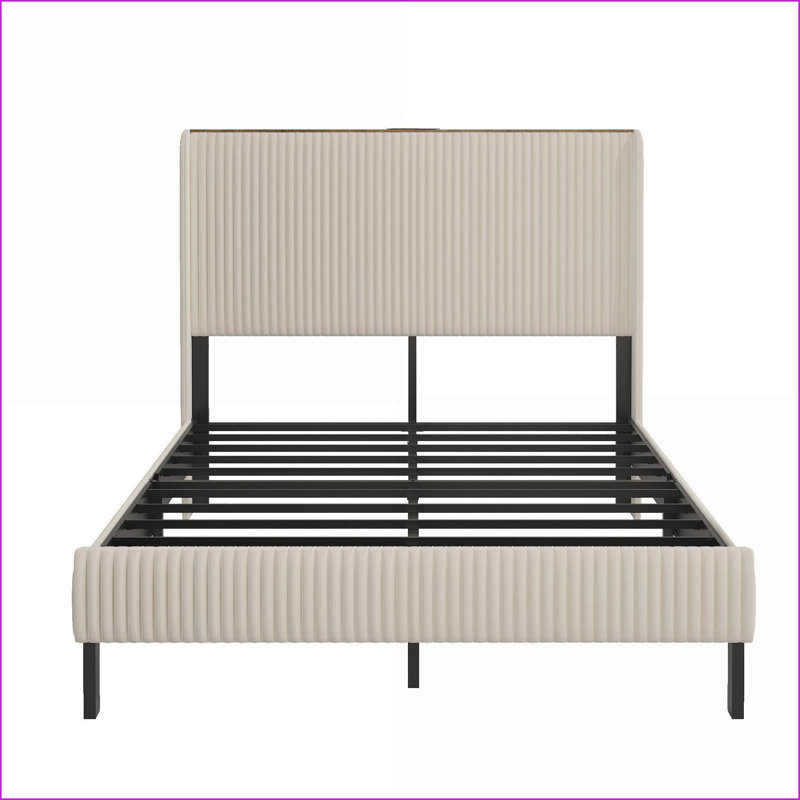 Structure de lit plateforme pleine grandeur en métal avec station de charge, beige sans bruit, aucun sommier nécessaire pour la chambre à coucher