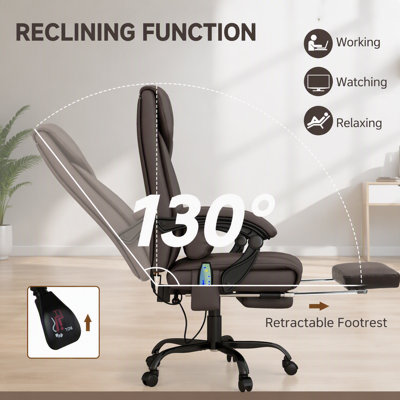 Fauteuil de bureau massant à vibrations avec dossier haut, 6 points de massage, hauteur réglable, inclinable et repose-pieds rétractable : idéal pour un confort optimal à la maison comme au bureau.