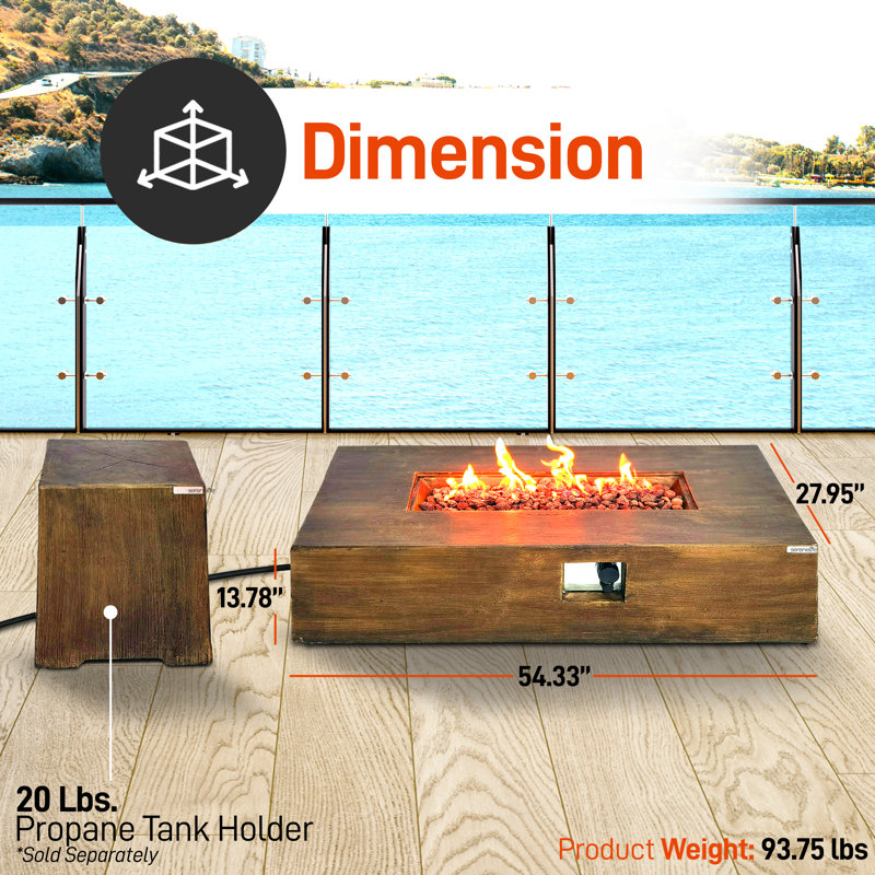 Brown Rectangular Gas Fire Pit Table with Adjustable Flame