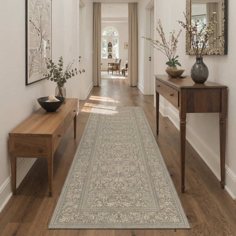 Vintage Damask Scrolls Machine Washable Sand Beige Indoor Area Rug With Non-Slip Backing, Runner 2' x 6'