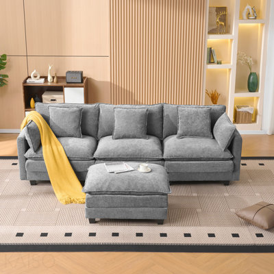 Canapé 3 places couleur café avec repose-pieds de rangement pour salon, chambre à coucher, chambre compacte, canapé modulaire rembourré, banc en L avec repose-pieds