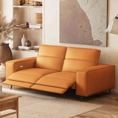 76.77 Inch Genuine Leather Power Reclining Sofa Dual Motor Loveseat With Adjustable Headrest And Usb Port Living Room Orange
