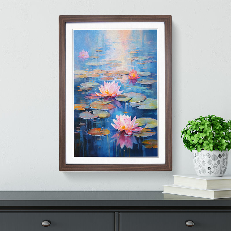 Water Lily Impressionism No.2 - Single Picture Frame Print on Wood, Walnut Framed, 46cm H x 34cm W