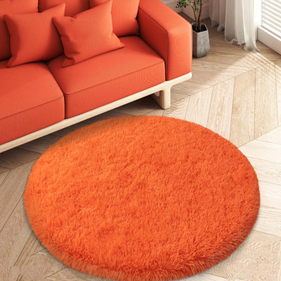 Tapis rond à poils longs orange et antidérapant Tapis à poils longs en mélange de soie 3 pi