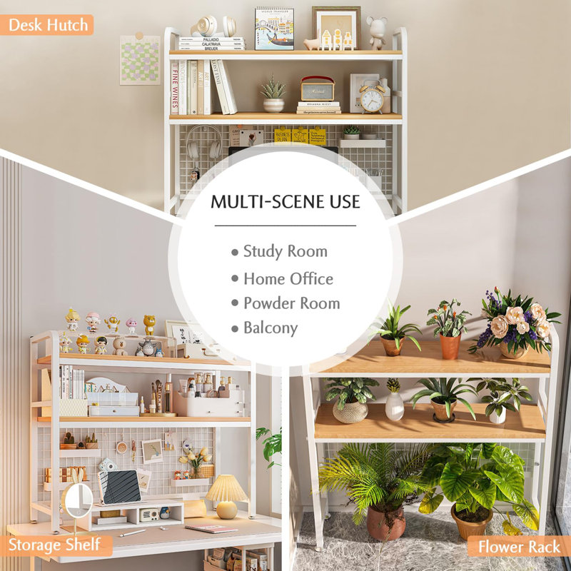 2-Tier Desktop Hutch Bookshelf - Metal Desk Shelf Bookcase With Grid Panel, Countertop Storage Organizer Rack For Dorm Or Office, White, 37.4" W