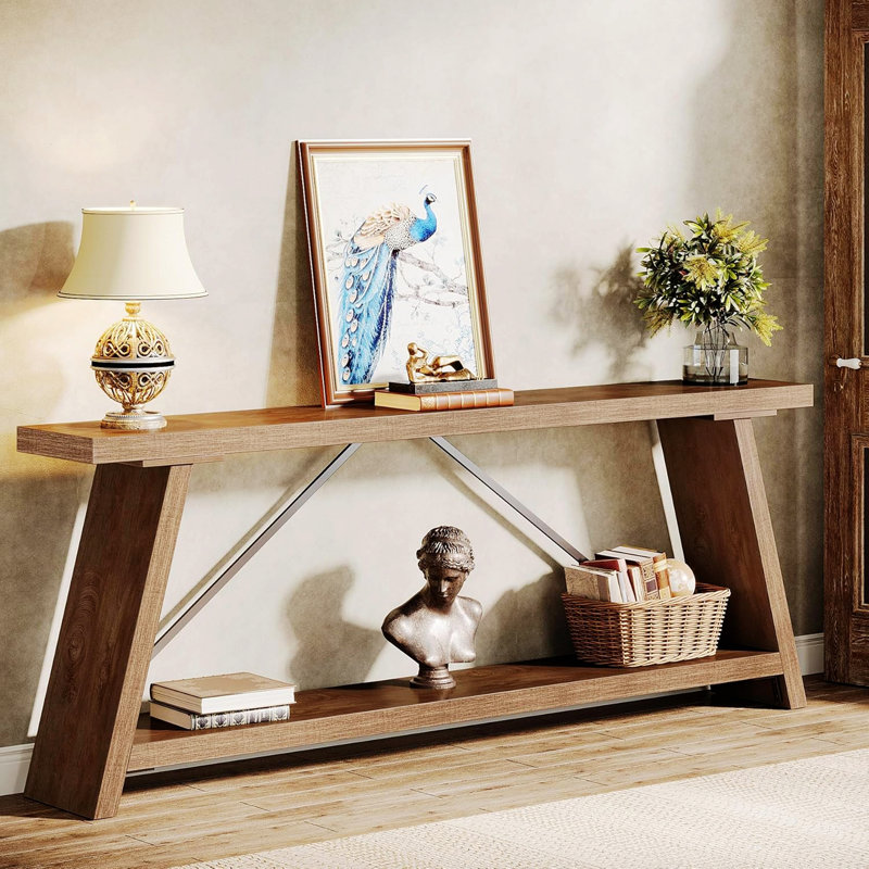 Console Table, Narrow Entryway Table With Storage Shelf For Living Room, Natural & Light Brown
