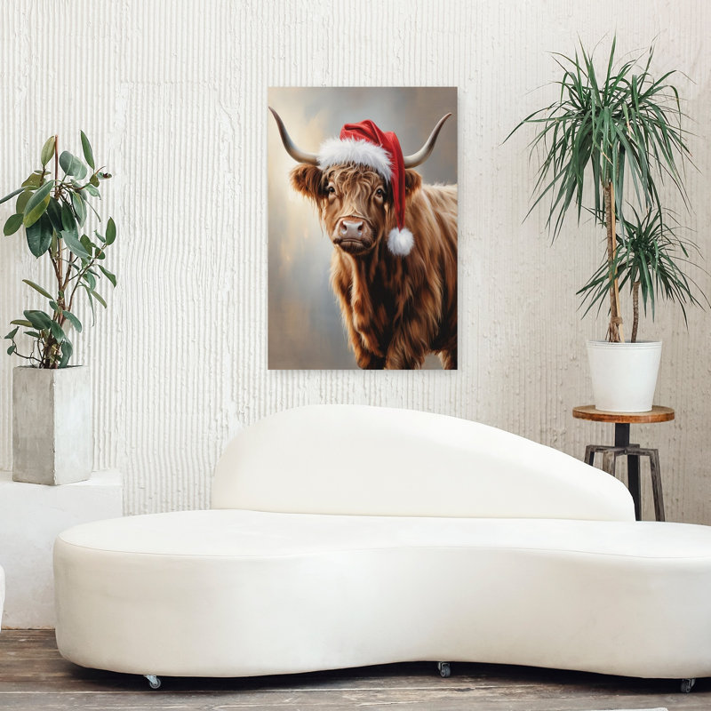 «Highland Cow Santa Hat», reproduction d'art contemporain sur toile, 36" H x 24" W