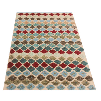 Tapis géométrique en laine noué à la main bleu / beige / rouge 5 pi x 7 pi 7 po
